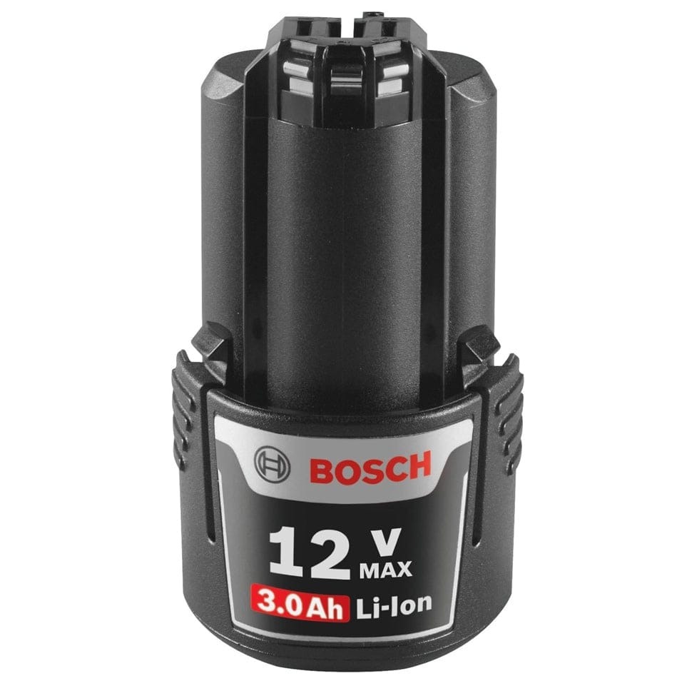 A close-up front view of the battery unit, focusing on the Bosch logo and the clear 12V Max 3.0 Ah Li-Ion power specification label.