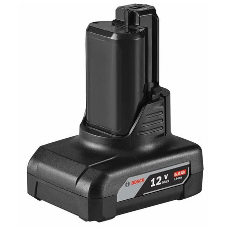 Front-facing high-angle view of the Bosch GBA12V60 6.0 Ah lithium-ion battery pack against a white background.