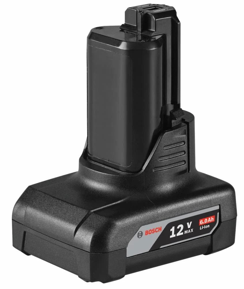 Front-facing high-angle view of the Bosch GBA12V60 6.0 Ah lithium-ion battery pack against a white background.