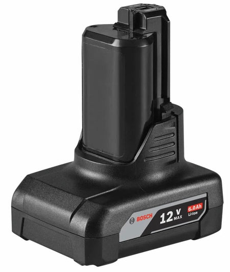 Front-facing high-angle view of the Bosch GBA12V60 6.0 Ah lithium-ion battery pack against a white background.