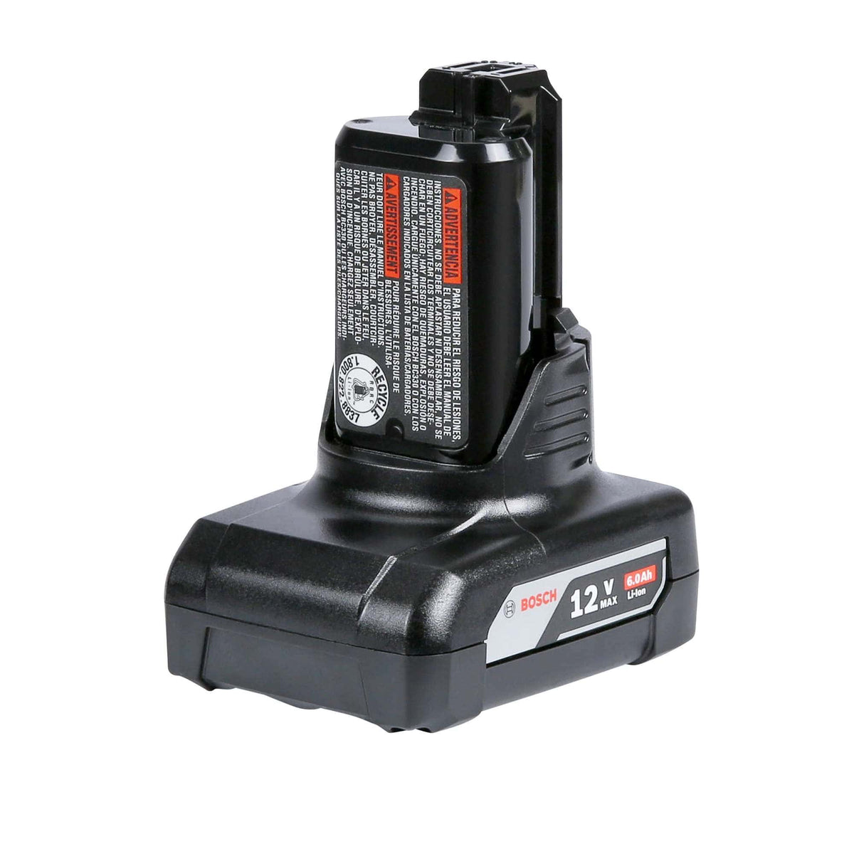 Front perspective view of the Bosch GBA12V60 12V Max 6.0 Ah lithium-ion battery pack, showcasing its compact design and high-capacity base.