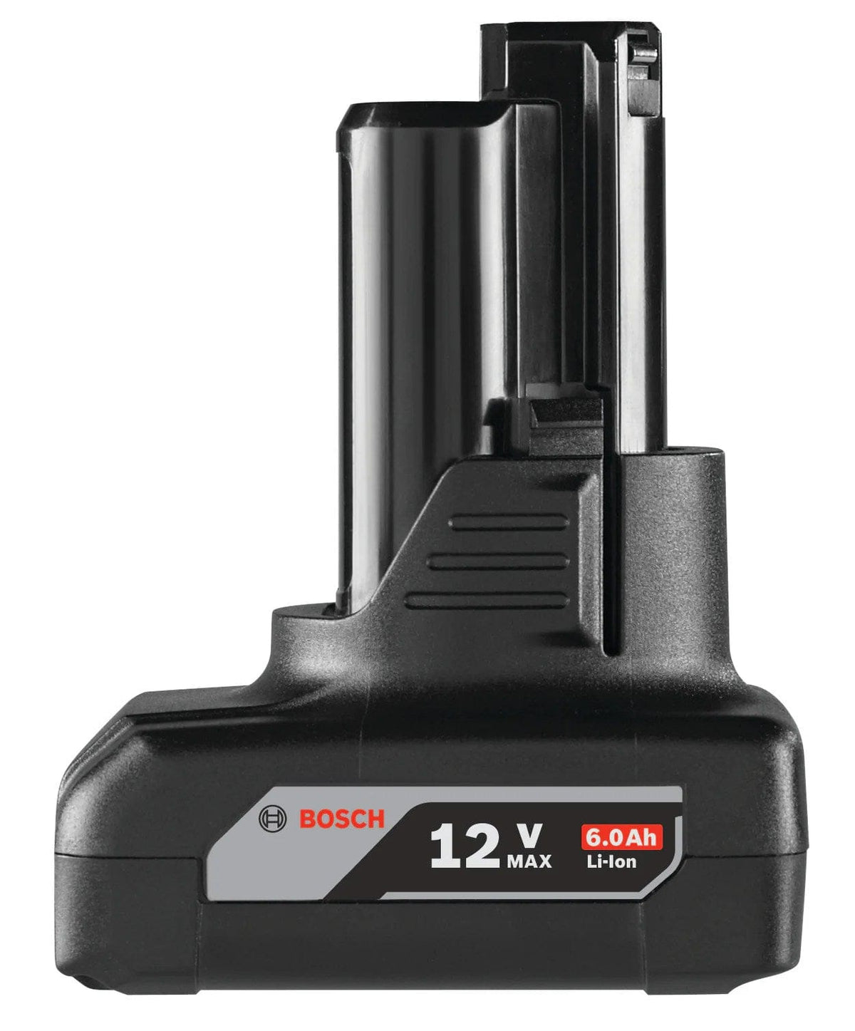 Profile view of the Bosch 12V Max 6.0 Ah extended runtime battery, showing the side release latch and 6.0 Ah capacity labels.