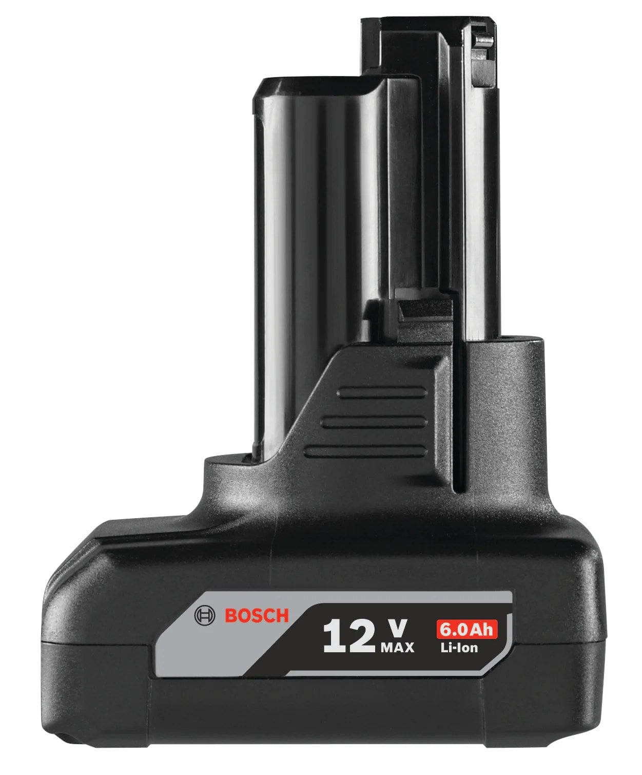 Profile view of the Bosch 12V Max 6.0 Ah extended runtime battery, showing the side release latch and 6.0 Ah capacity labels.