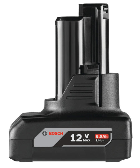 Profile view of the Bosch 12V Max 6.0 Ah extended runtime battery, showing the side release latch and 6.0 Ah capacity labels.