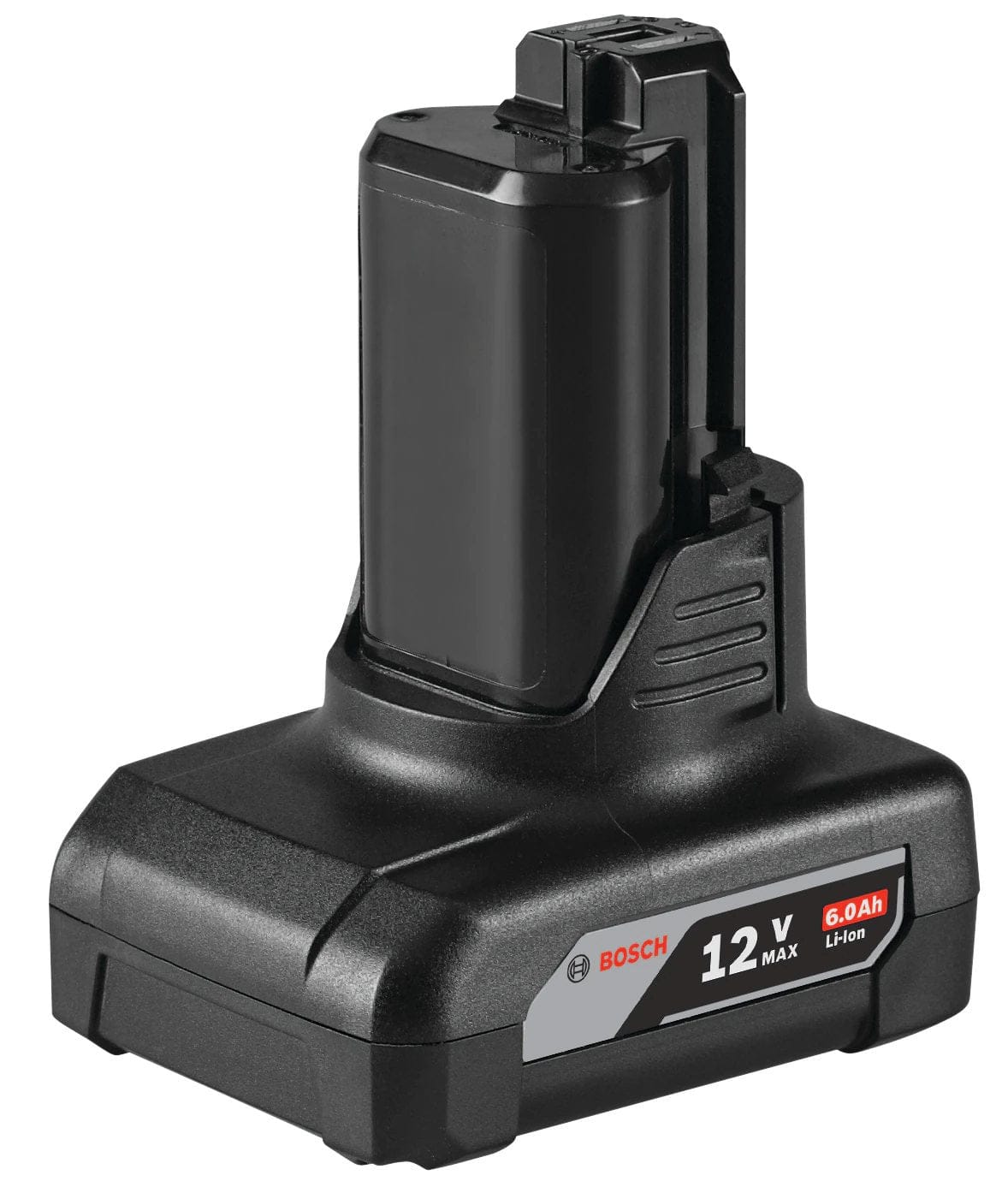 Rear perspective view of the Bosch 12V Max battery pack, highlighting the durable black plastic construction and cylindrical interface.
