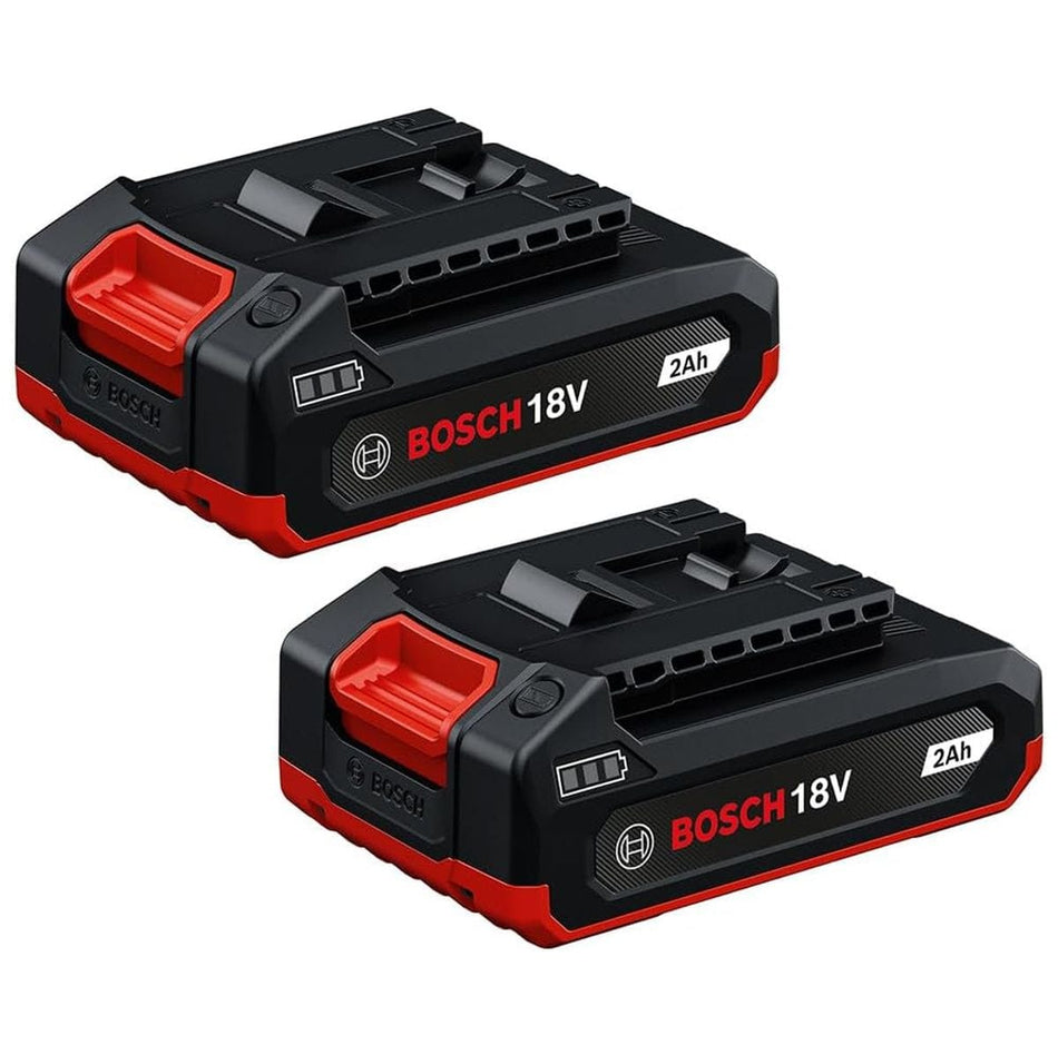 A clean product catalog shot of the Bosch GBA18V-20-2PK 18V Max Lithium-Ion replacement battery twin kit isolated against a white background. The image captures two identical 2.0Ah compact cordless battery packs side by side, highlighting their rugged black housings, red release buttons, integrated fuel gauges, and striking side graphic labels.