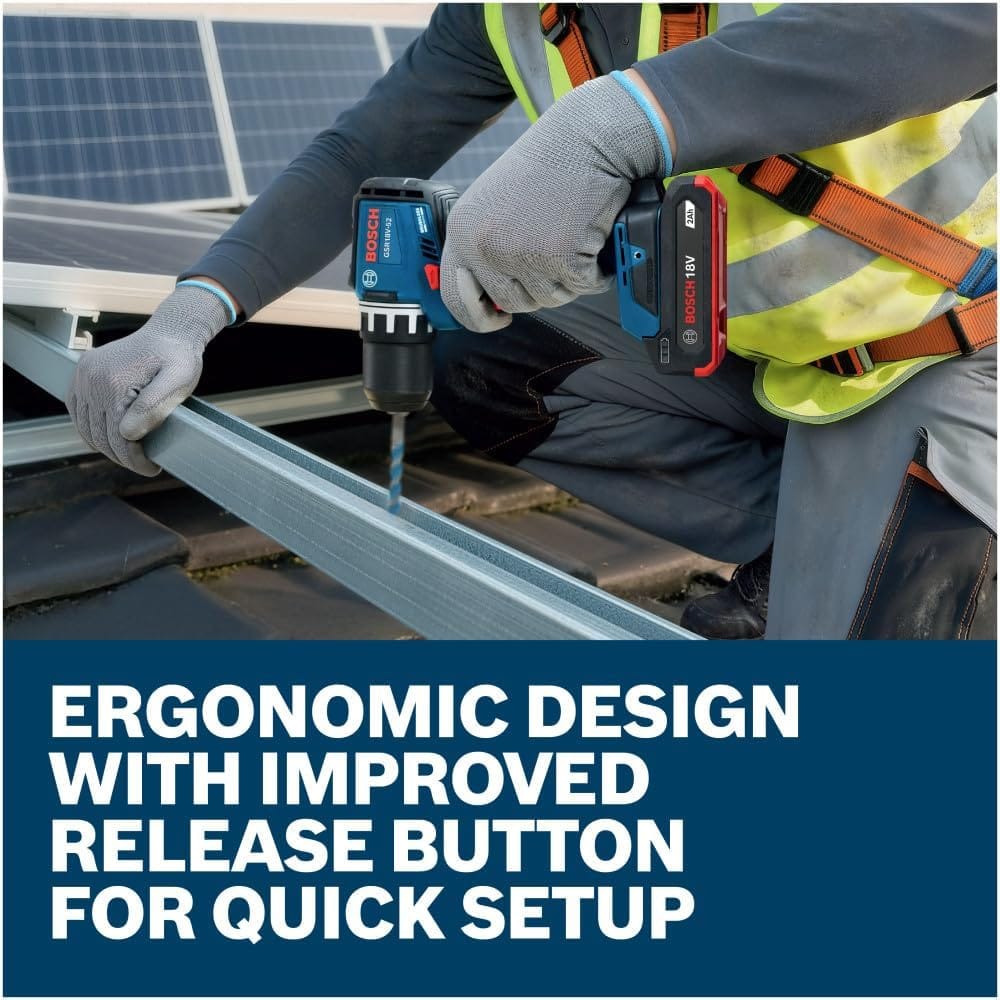 An action close-up showing a solar technician wearing a safety harness and work gloves drilling into a metal frame panel with a cordless drill powered by the lightweight Bosch 18V 2.0Ah compact battery pack. The lower descriptive text reads Ergonomic design with improved release button for quick setup.