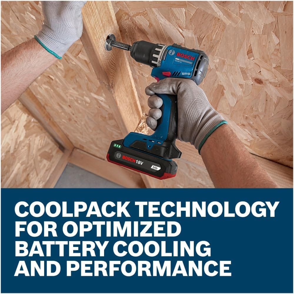 A structural carpenter using a cordless drill equipped with a spade bit to drill into a wood wall post framing timber. The worker holds the tool with gloved hands, showcasing the slim single-layer battery profile attached to the handle base, positioned above a text graphic that reads CoolPack technology for optimized battery cooling and performance.