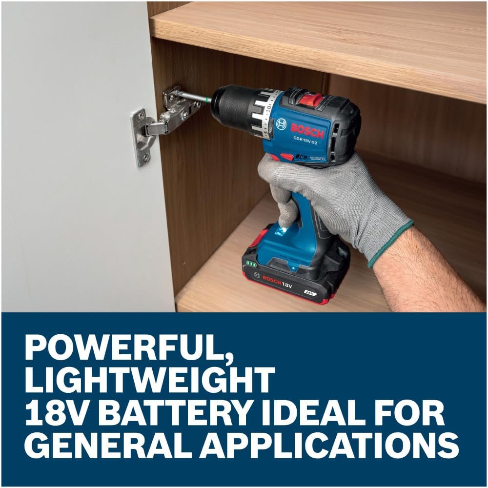 A finish carpenter executing cabinetry fastening by using a compact cordless drill driver to install a metal hinge on a cabinet door. The close-up view highlights how the lightweight 18V 2.0Ah replacement pack minimizes hand tool weight, set above a marketing banner stating Powerful, lightweight 18V battery ideal for general applications.