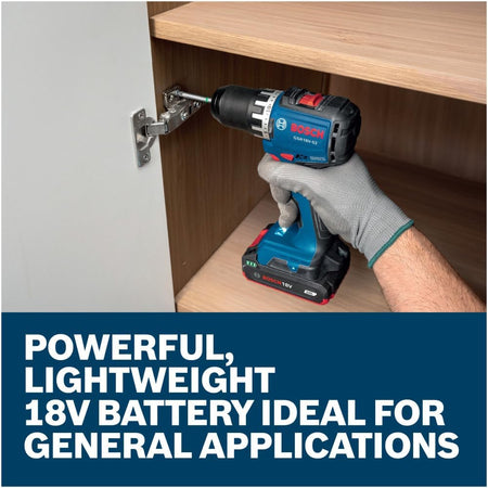 A finish carpenter executing cabinetry fastening by using a compact cordless drill driver to install a metal hinge on a cabinet door. The close-up view highlights how the lightweight 18V 2.0Ah replacement pack minimizes hand tool weight, set above a marketing banner stating Powerful, lightweight 18V battery ideal for general applications.