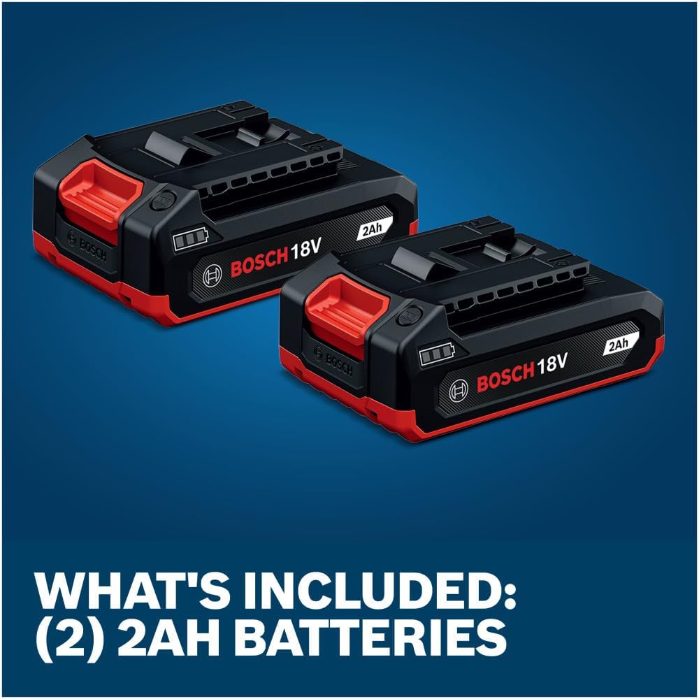 A product multi-pack layout view showing the pair of Bosch GBA18V-20 2.0Ah compact cordless battery replacements arranged against a deep blue backdrop. This high-conversion e-commerce catalog image includes a bold white lower text box reading What's included: (2) 2Ah batteries.