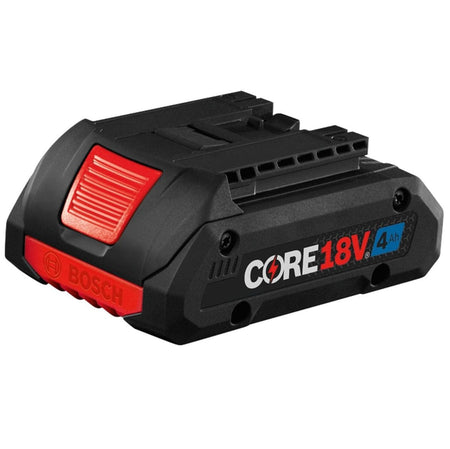 A studio shot of the black Bosch CORE18V 18V 4Ah battery pack featuring a large red release button and blue Amp-hour labeling on the side.