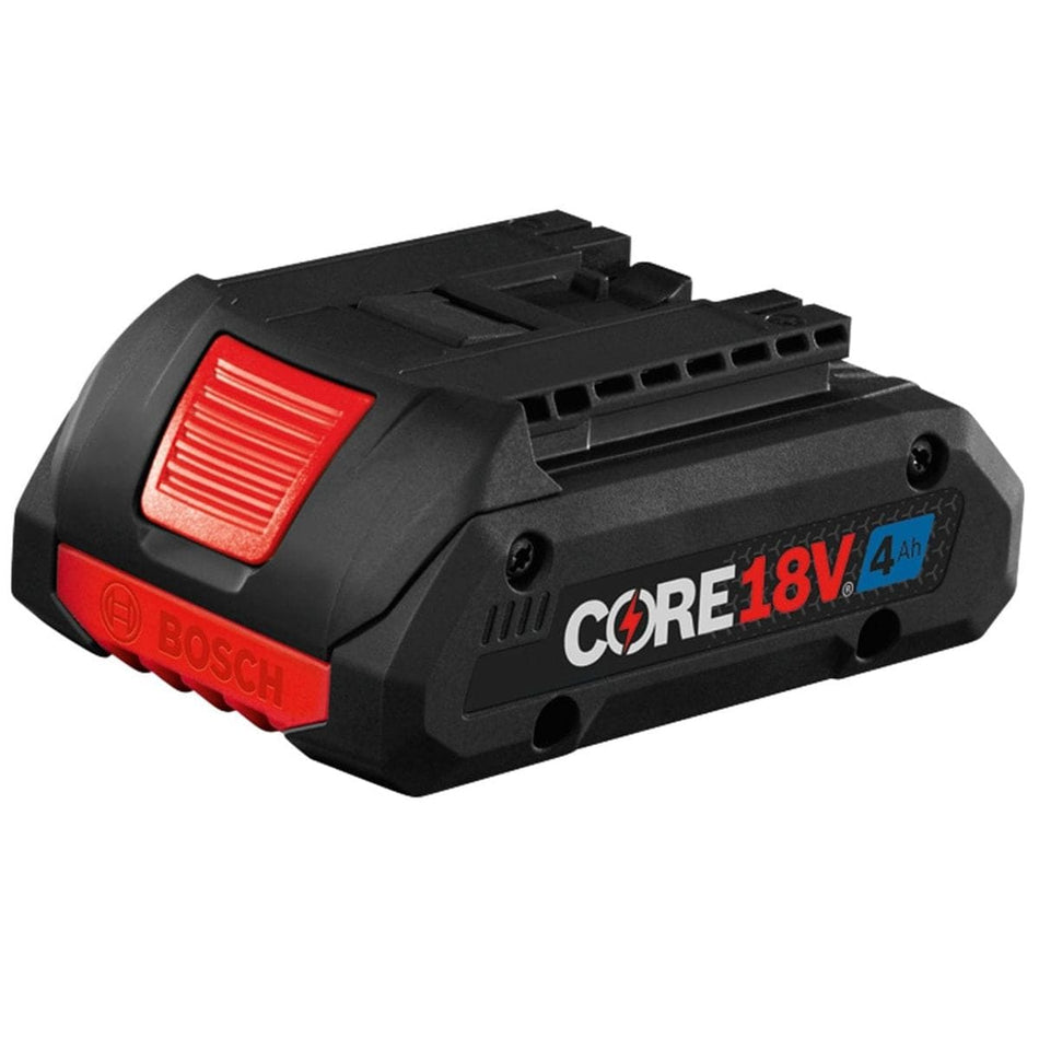 A studio shot of the black Bosch CORE18V 18V 4Ah battery pack featuring a large red release button and blue Amp-hour labeling on the side.