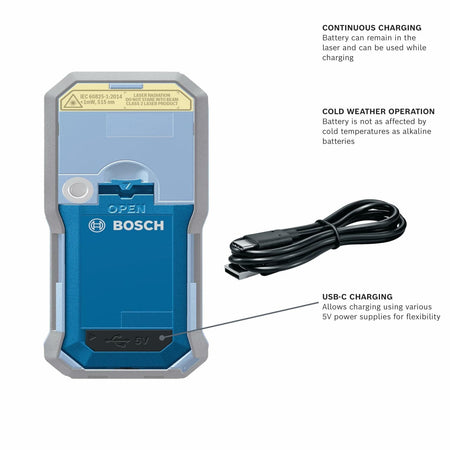 Diagram illustrating the features of the GBA37V10 battery pack, highlighting continuous charging capability, cold weather operation, and USB-C flexibility