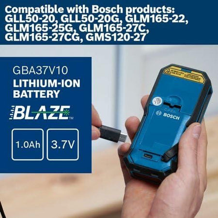 Graphic highlighting the GBA37V10 Lithium-Ion battery pack's 1.0 Ah and 3.7V specifications and listing compatible Bosch laser measures