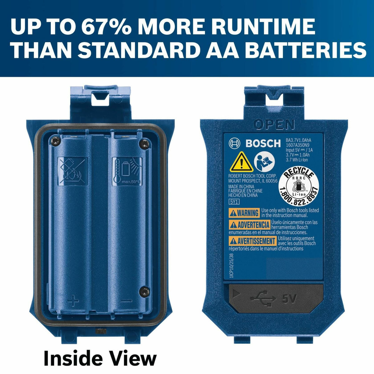 Inside view graphic contrasting the empty battery compartment of the laser measure with the back of the GBA37V10 battery pack, displaying text that highlights up to 67% more runtime than standard AA batteries