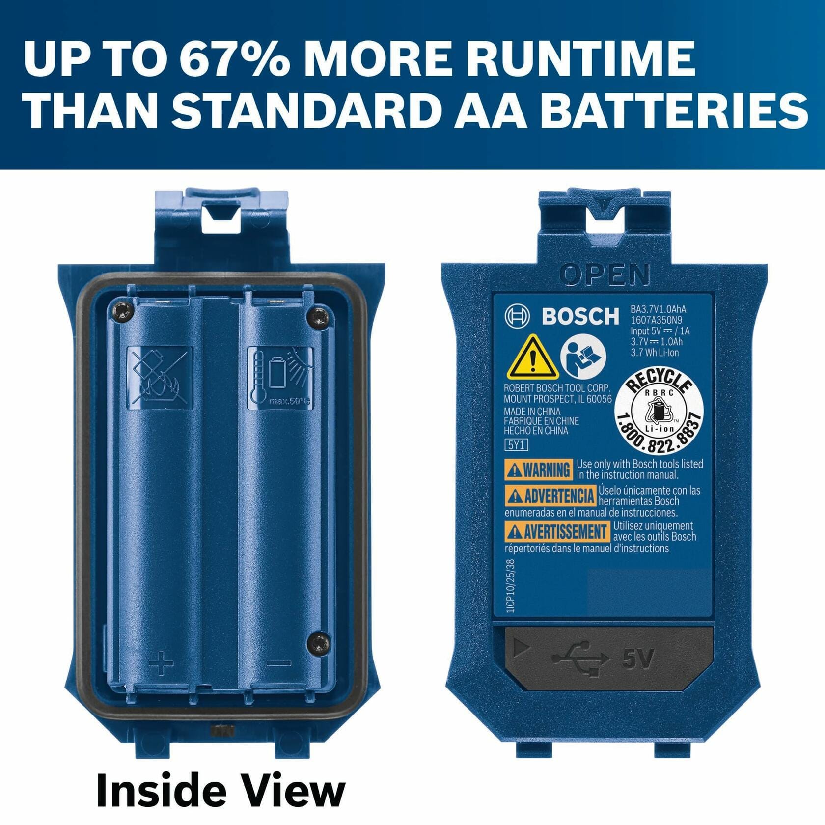 Inside view graphic contrasting the empty battery compartment of the laser measure with the back of the GBA37V10 battery pack, displaying text that highlights up to 67% more runtime than standard AA batteries