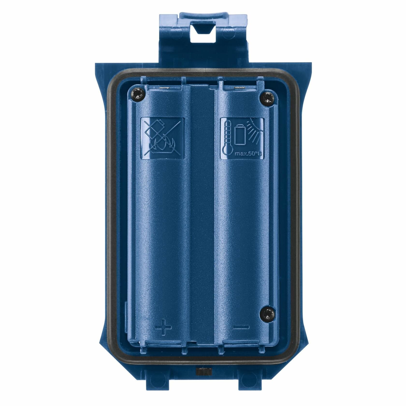 Close-up view of the front terminal face of the GBA37V10 lithium-ion battery pack showing the contact points and safety icons