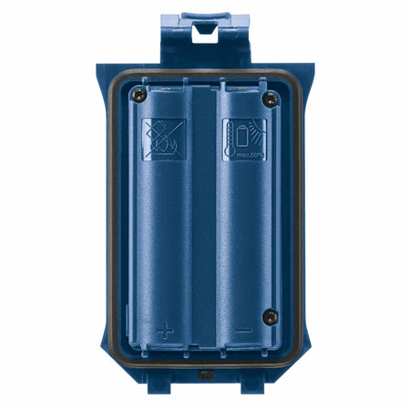 Close-up view of the front terminal face of the GBA37V10 lithium-ion battery pack showing the contact points and safety icons