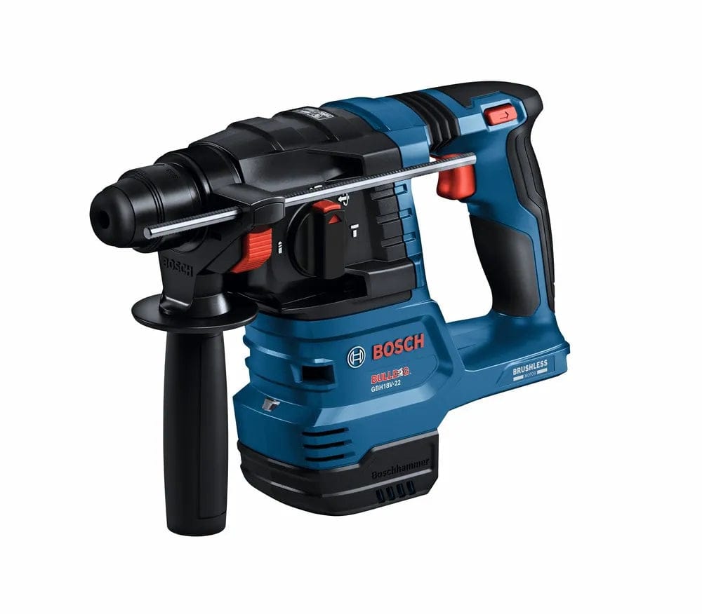Studio shot of the Bosch GBH18V-22N-RT 18V Brushless SDS-plus Bulldog Rotary Hammer against a white background. The blue and black tool is shown in a three-quarter view, highlighting its L-shape design and 360-degree side handle.
