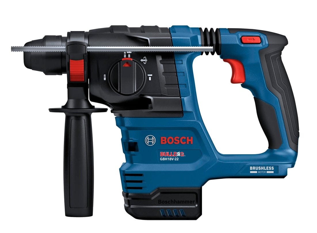 Side profile view of the Bosch GBH18V-22N-RT SDS-plus Bulldog Rotary Hammer, showing the red trigger, mode selector dial, depth gauge, and the "Bulldog" branding on the blue housing.