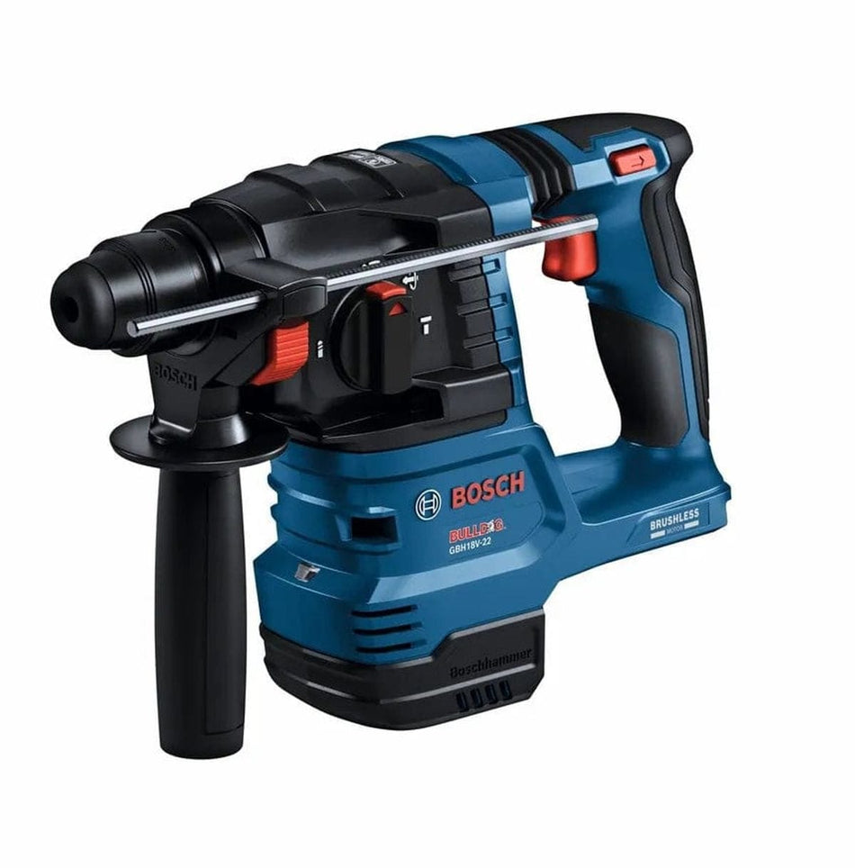 Studio shot of the Bosch GBH18V-22N-RT 18V Brushless SDS-plus Bulldog Rotary Hammer against a white background. The blue and black tool is shown in a three-quarter view, highlighting its L-shape design and 360-degree side handle.