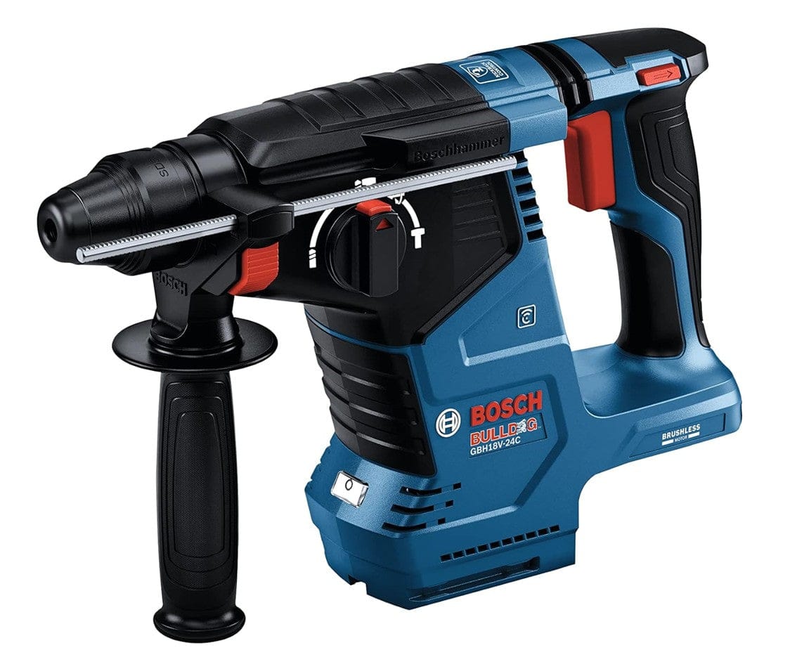Bosch Bulldog Xtreme GBH18V-34C rotary hammer drill with side handle and mode selector; designed for heavy-duty concrete work.