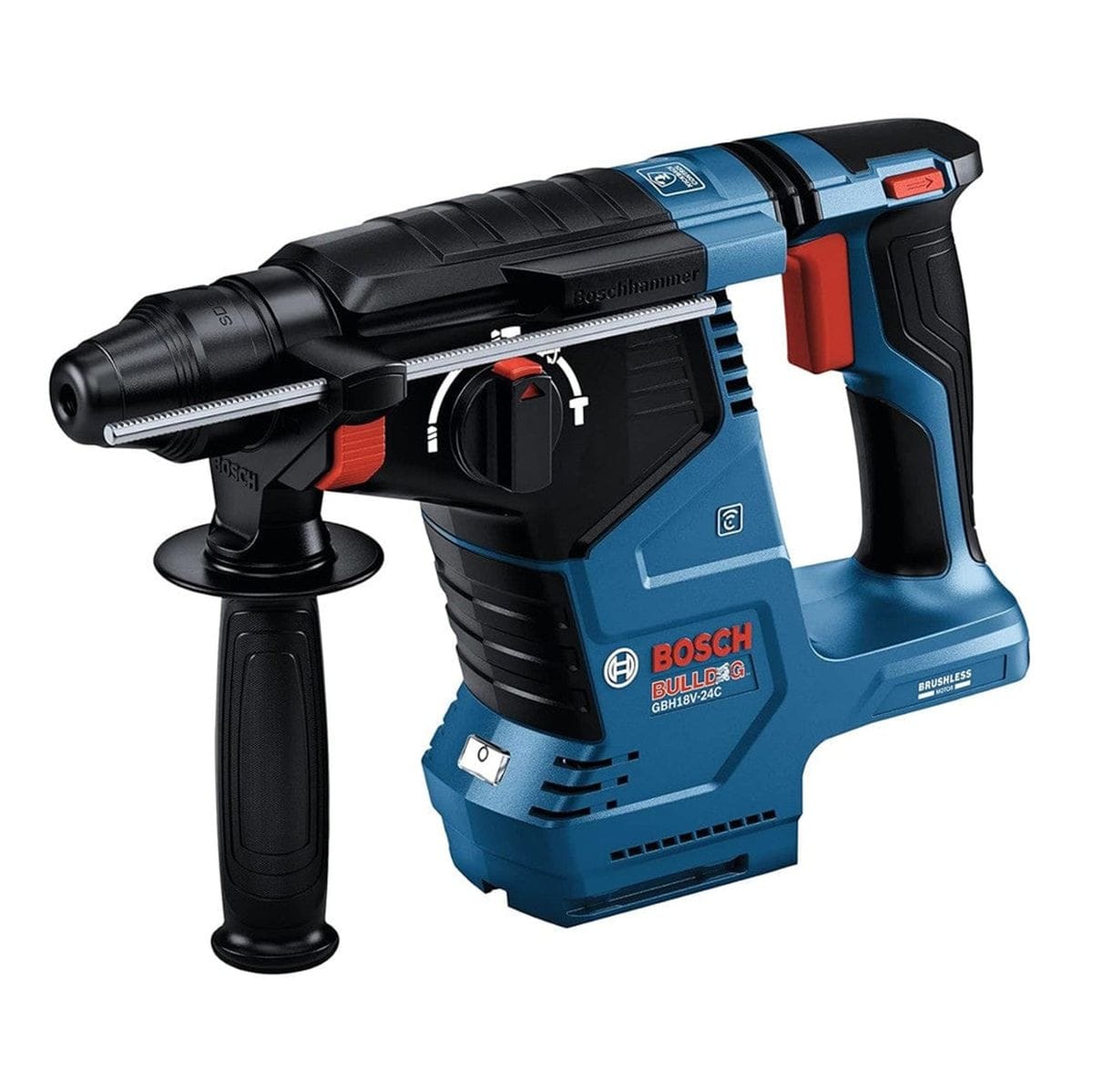 Bosch Bulldog Xtreme GBH18V-34C rotary hammer drill with side handle and mode selector; designed for heavy-duty concrete work.