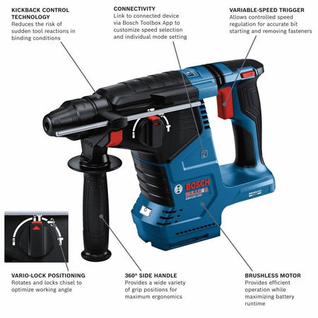 Labeled diagram of Bosch GBH18V-45C rotary hammer highlighting KickBack Control, connectivity, Vario-Lock, and brushless motor.