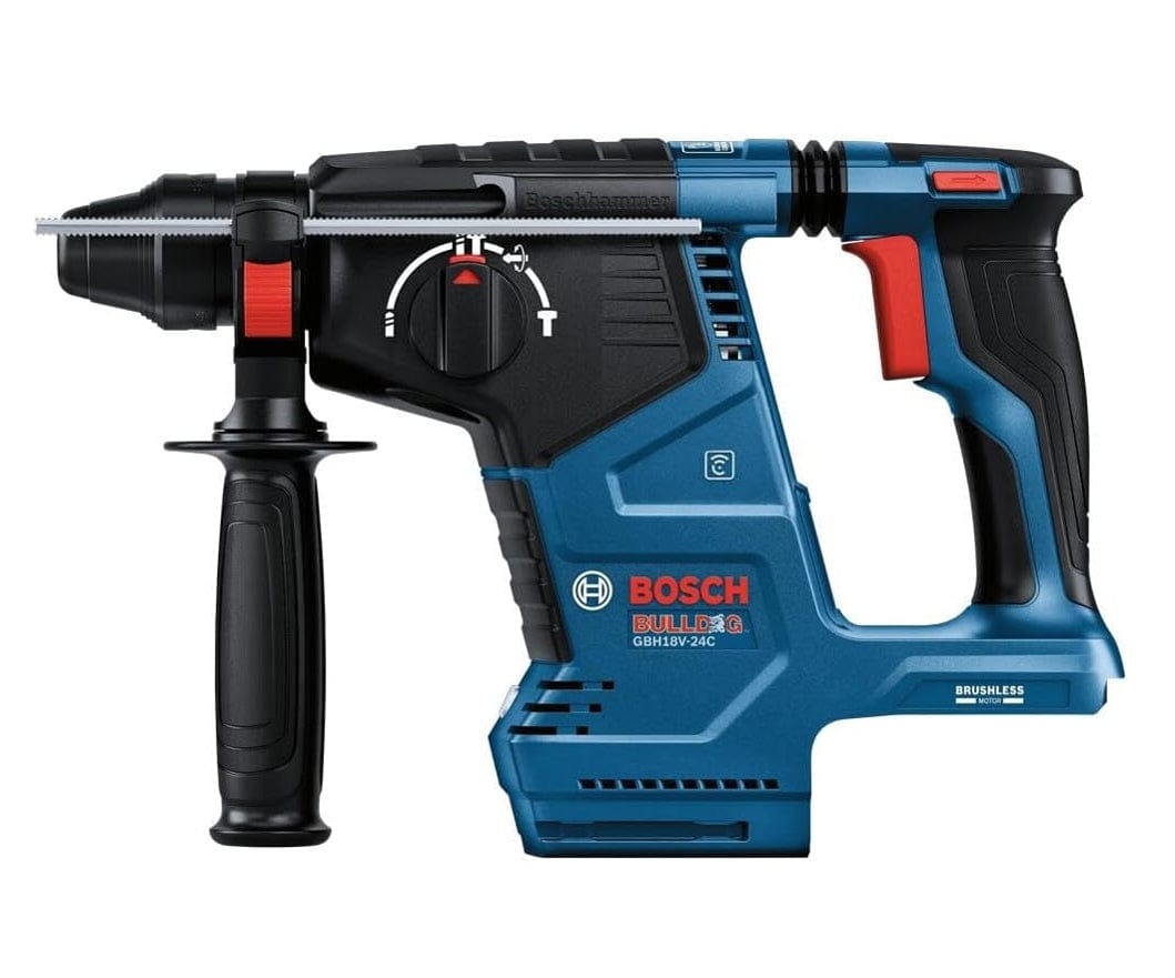 Front view of Bosch rotary hammer drill showing cylindrical chuck, textured grip handle, and red control switch.