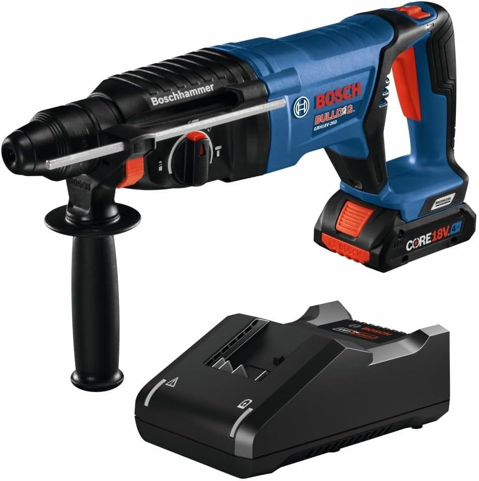 A comprehensive view of the Bosch GBH18V-26DK15-RT 18V Brushless 1-inch SDS-Plus Bulldog rotary hammer kit including the reconditioned D-handle tool, a CORE18V lithium-ion battery, and an 18V charger.