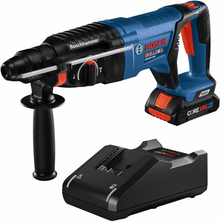 A comprehensive view of the Bosch GBH18V-26DK15-RT 18V Brushless 1-inch SDS-Plus Bulldog rotary hammer kit including the reconditioned D-handle tool, a CORE18V lithium-ion battery, and an 18V charger.