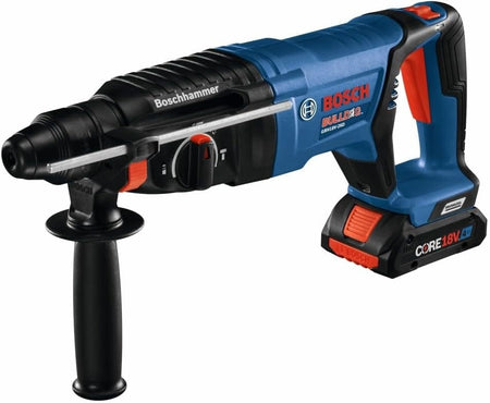A studio shot of the Bosch 18V SDS-Plus Bulldog rotary hammer kit showcasing the reconditioned tool's professional blue and black finish with its secondary auxiliary handle and depth gauge installed.