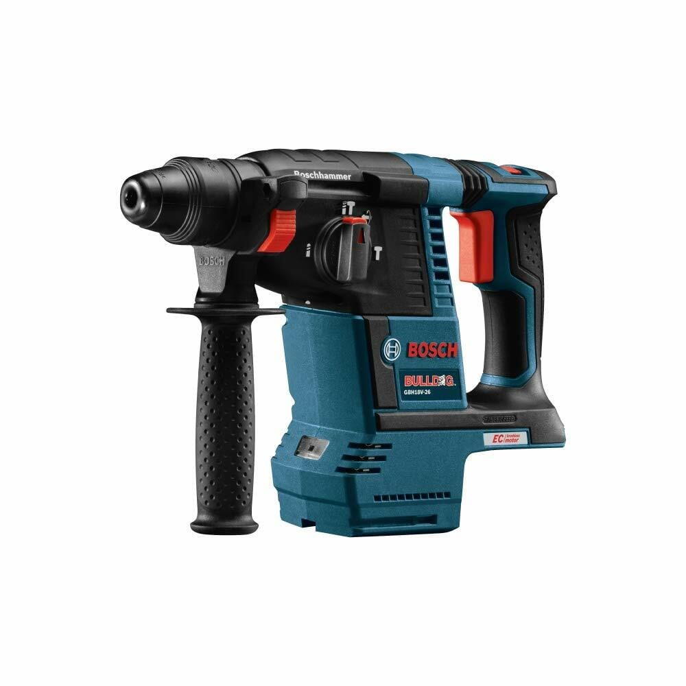 Bosch Bulldog rotary hammer drill with side handle, SDS-plus chuck, and CORE18V battery compartment. Branding includes “Boschhammer,” “BULLDOG,” and “EC Brushless.” Designed for concrete and masonry.