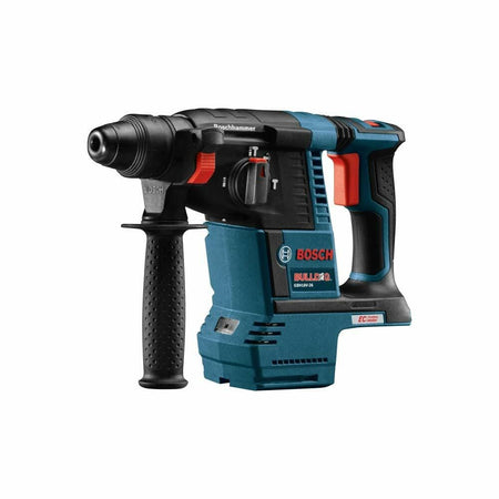 Bosch Bulldog rotary hammer drill with side handle, SDS-plus chuck, and CORE18V battery compartment. Branding includes “Boschhammer,” “BULLDOG,” and “EC Brushless.” Designed for concrete and masonry.