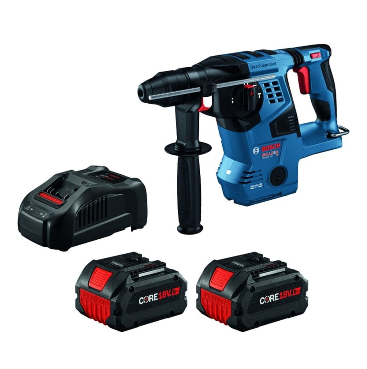 A studio shot of the Bosch GBH18V-28CK28 kit, including the rotary hammer, two CORE18V 8.0Ah batteries, and the 18V fast charger.