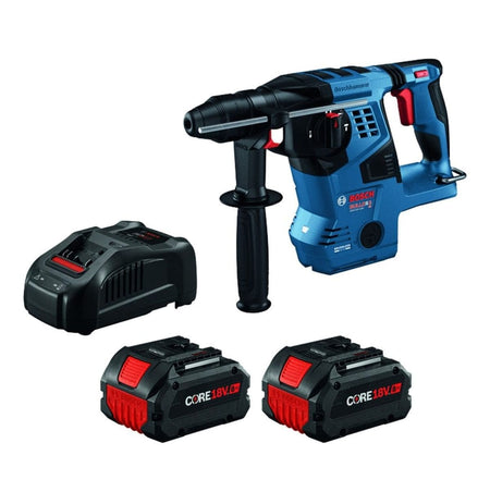 A studio shot of the Bosch GBH18V-28CK28 kit, including the rotary hammer, two CORE18V 8.0Ah batteries, and the 18V fast charger.