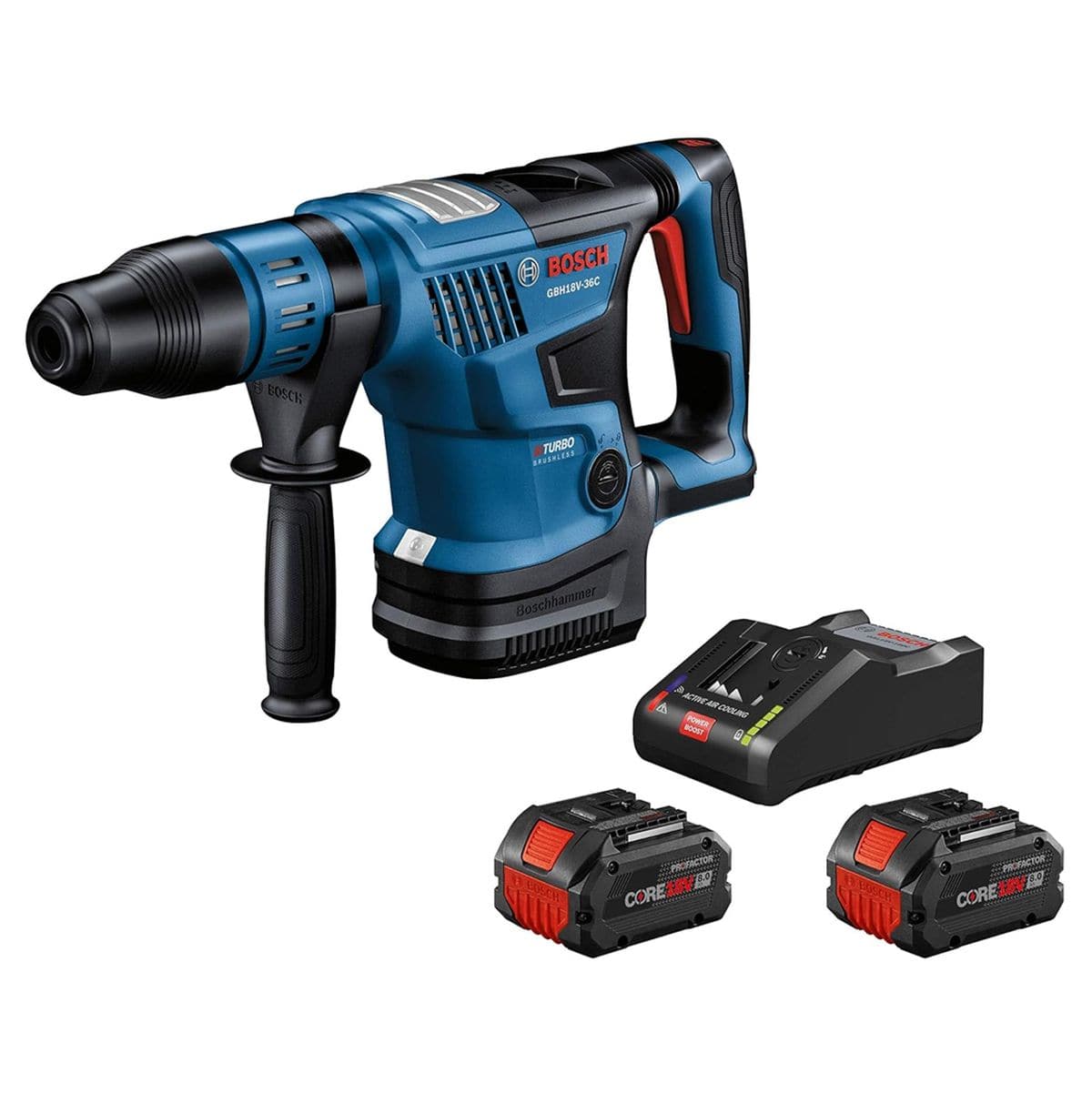 The image shows a Bosch GBH18V-36C cordless SDS-Plus rotary hammer drill along with its accessories. The blue and black drill has a black chuck, a black auxiliary handle, a red trigger, and is accompanied by a black battery charger and two black and red CORE18V batteries.