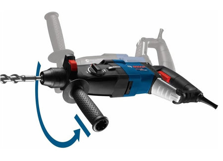 Illustration demonstrating the 360-degree adjustable auxiliary handle on the Bosch Bulldog rotary hammer providing maximum control and comfort for various drilling angles.