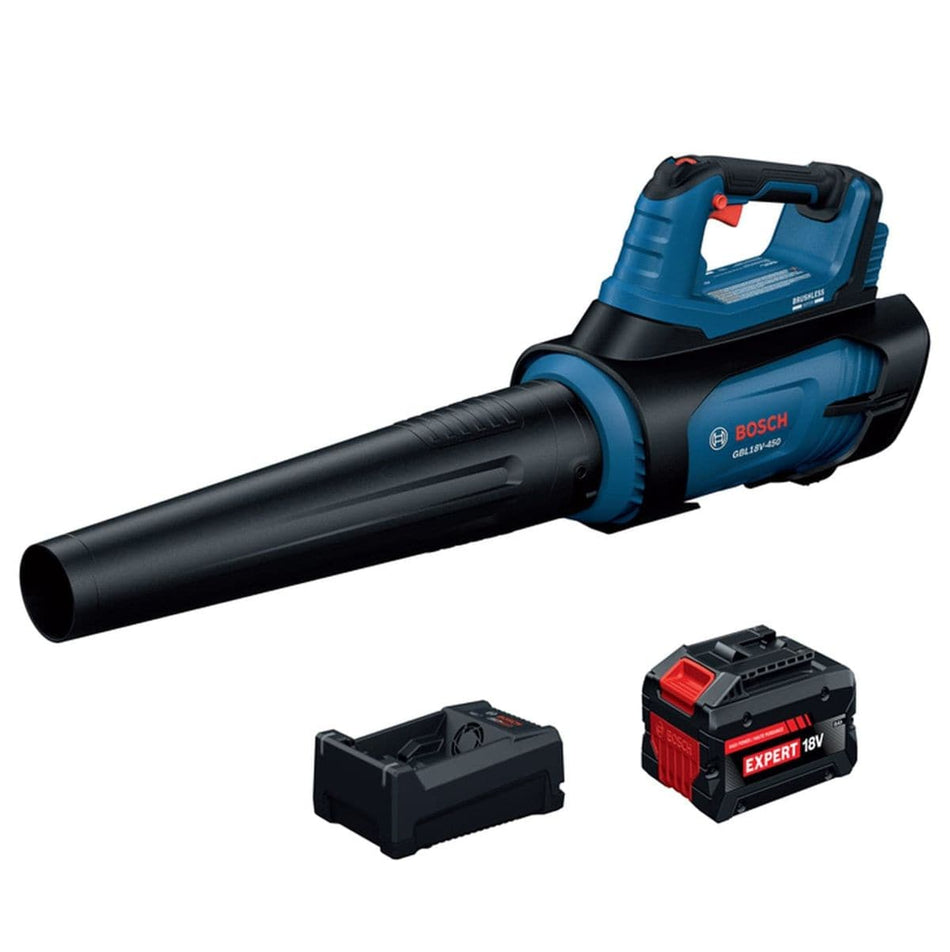 A professional studio product shot of the Bosch GBL18V-450 18V PROFACTOR blower alongside its dedicated 8Ah Expert high-power battery and multi-voltage fast charger, highlighting a complete cordless cleanup solution.