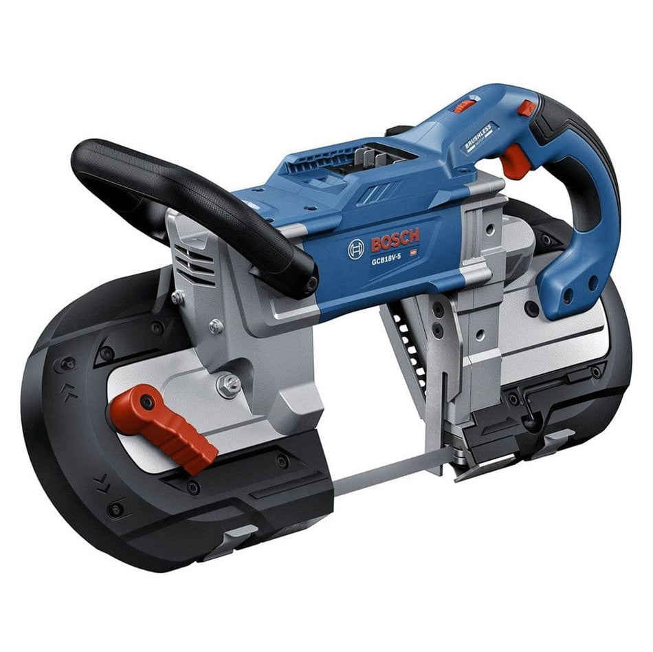 A studio shot of the Bosch 18V deep cut band saw, featuring a blue and silver body with ergonomic black handles and a 5-inch cutting capacity.
