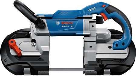 Side profile view of the band saw showing the Bosch branding, the red blade tension lever, and the large metal cut throat area.