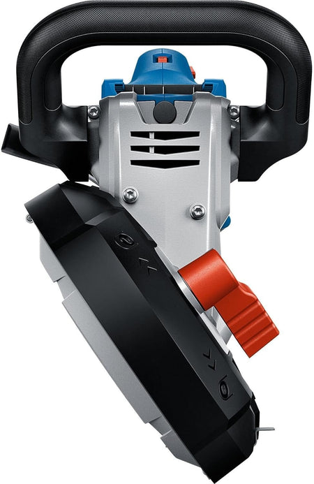 Front view of the band saw focusing on the auxiliary handle, motor vents, and the red blade tensioning lever on the side.