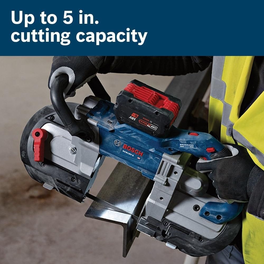 A construction worker using the band saw to cut through a large metal structural beam, with text highlighting the up to 5-inch cutting capacity.