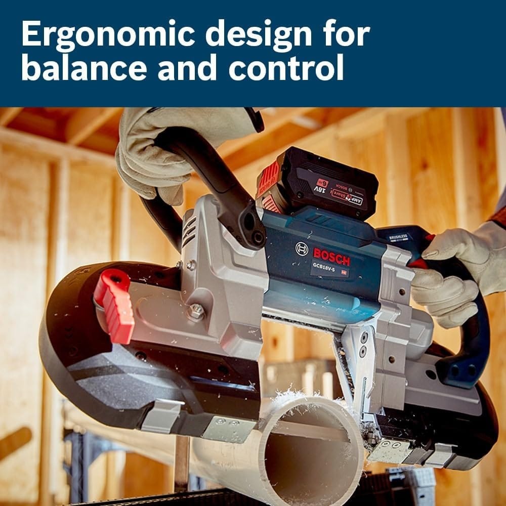 A professional cutting a large diameter white PVC pipe with the band saw, with text emphasizing the ergonomic design for balance and control.