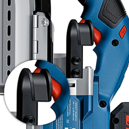 A close-up detail shot of the retractable utility hanging hook located near the rear handle of the tool.