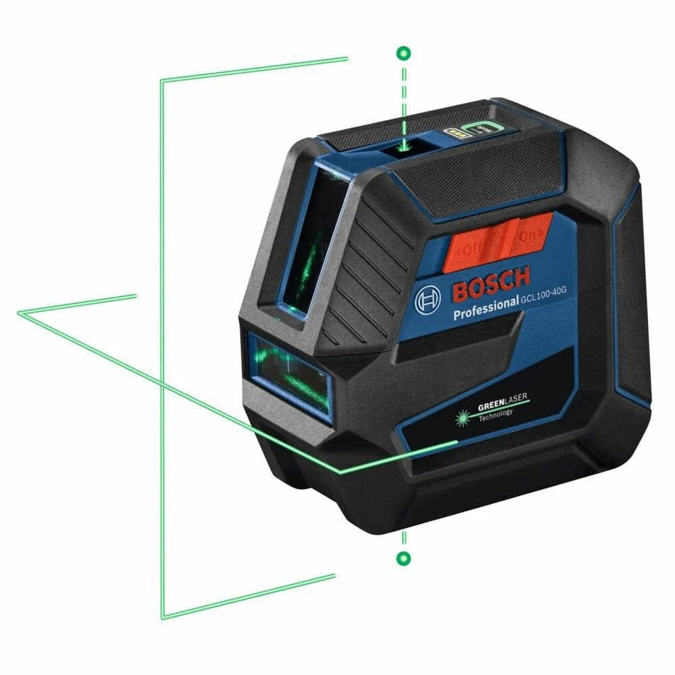 A professional product shot of the Bosch GCL100-40G green beam self-leveling cross-line laser, showing the unit projecting bright green horizontal and vertical lines and two plumb points for precise layout alignment.