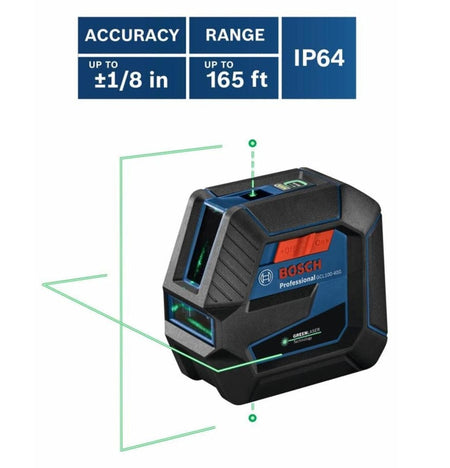 A technical graphic for the Bosch GCL100-40G indicating professional specifications: accuracy up to plus or minus 1/8 inch, a working range up to 165 feet, and an IP64 rating for dust and water protection on the jobsite.