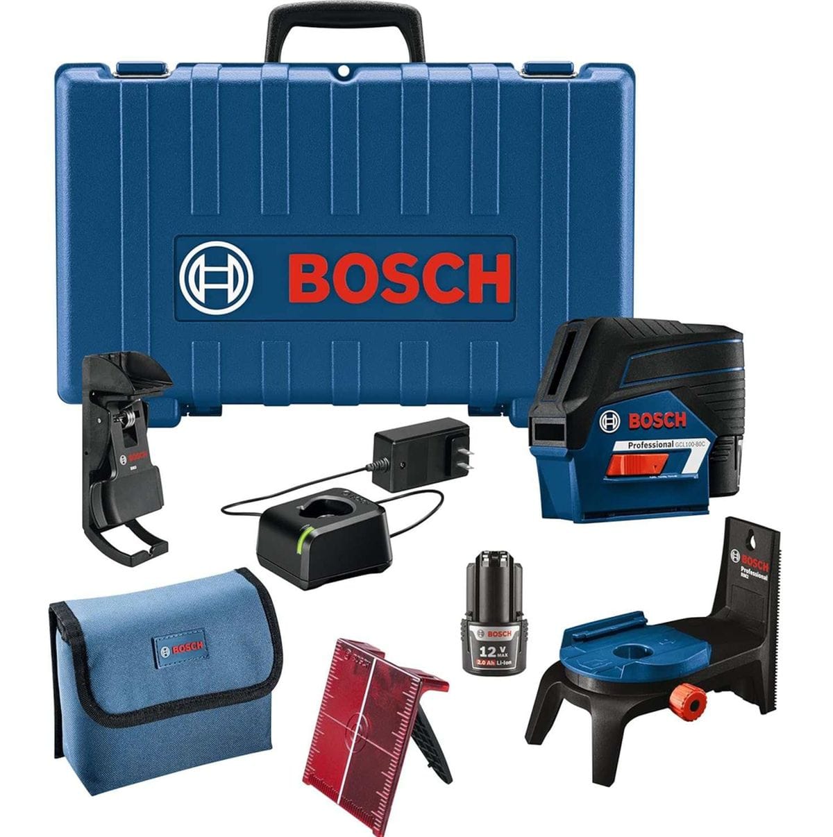 A complete Bosch GCL100-80C-RT 12V Max cross-line laser kit including the self-leveling laser level, a blue hard carrying case, a 2.0 Ah battery, charger, magnetic rotating mount, ceiling clip, target plate, and heavy-duty pouch.
