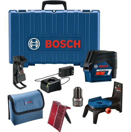 A complete Bosch GCL100-80C-RT 12V Max cross-line laser kit including the self-leveling laser level, a blue hard carrying case, a 2.0 Ah battery, charger, magnetic rotating mount, ceiling clip, target plate, and heavy-duty pouch.